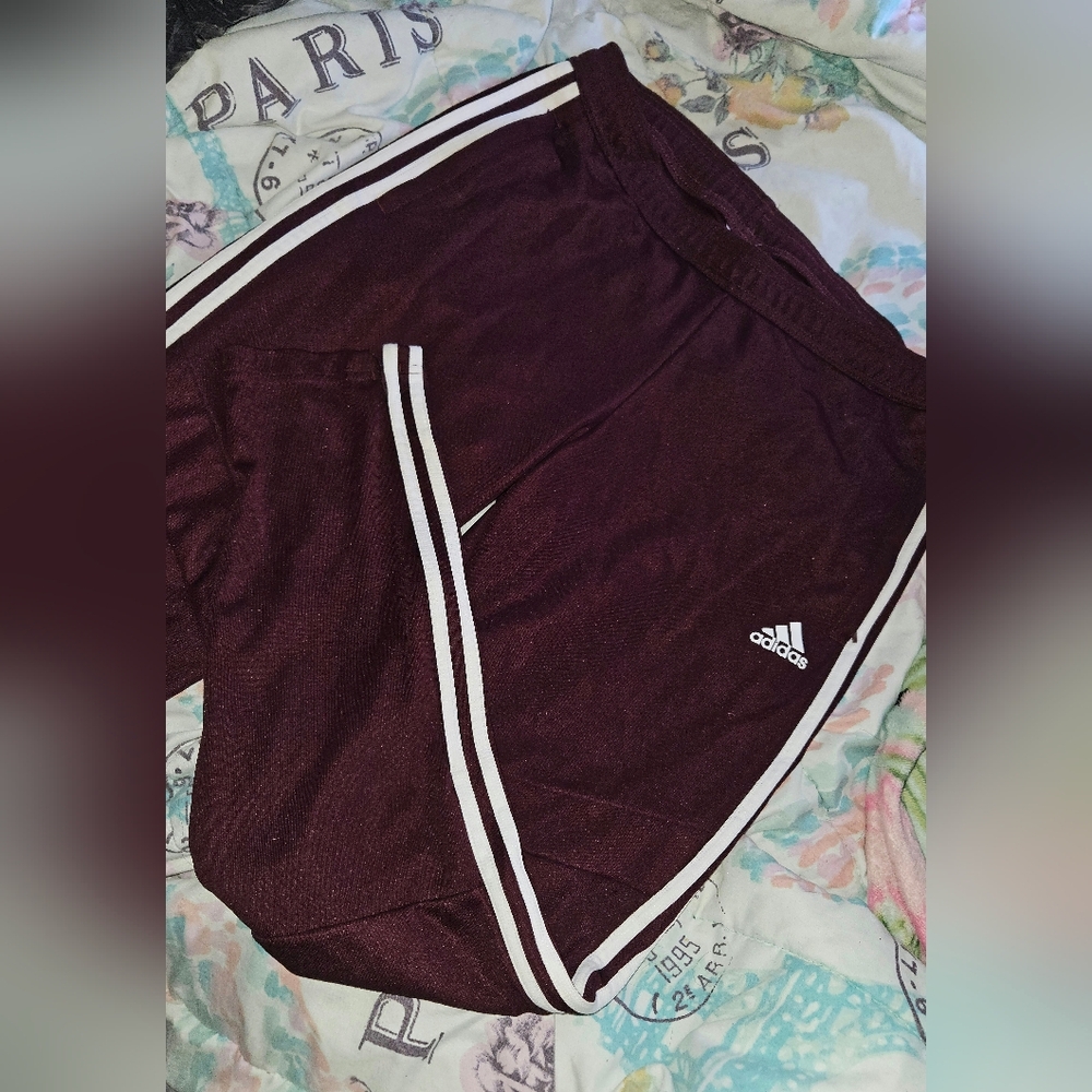 Adidas Maroon Track Pants with White Stripes